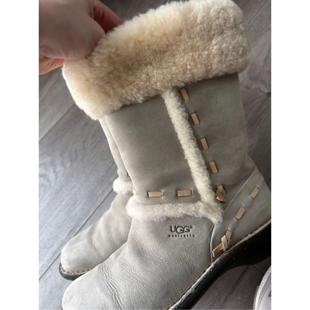 UGG Womens Boots Size 6 Elijo Bone White Nubuck Leather Sherpa Fur Slip On 5137
